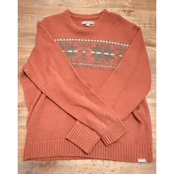 Eddie Bauer Men’s Sweater Size L Rust Red Fair Isle Knit Crewneck Pullover - Picture 4 of 8